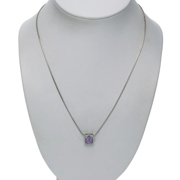 JDT Sterling Silver 925 Purple Amethyst Crystal Diamond Accent Necklace 18" - Picture 1 of 5